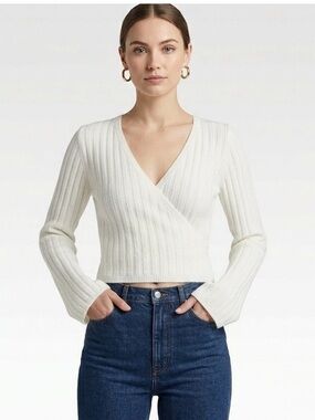 OU Balletcore Crossover Creme Ribbed Crop Sweater Size Small
